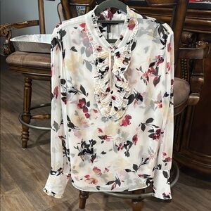 White House Black Market Ruffled Mandarin Collar Blouse White Cream